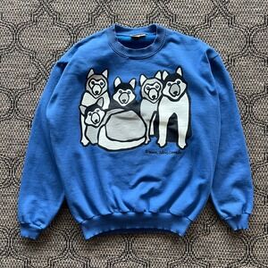 Vintage Marc Tetro Sweatshirt Mens Medium Blue Husky‎ Canada Pop Art Dog Graphic